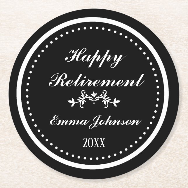 Posavasos Redondo De Papel Elegante personalizado negro y blanco feliz retiro (Anverso)