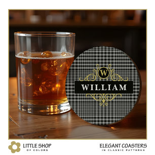 Posavasos Redondo De Papel Elegante Plaid Glen Negro Oro Gris Monograma