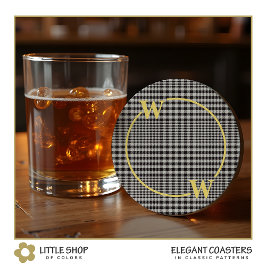Posavasos Redondo De Papel Elegante Plaid Glen Negro Oro Monograma