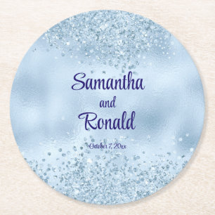 Posavasos Redondo De Papel Elegante Purpurina azul bebé y Boda de Relieve met
