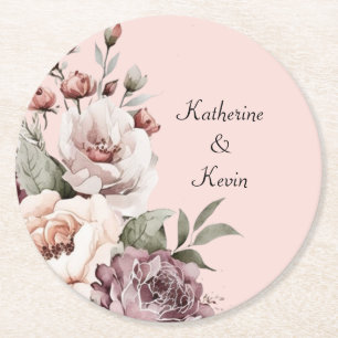Posavasos Redondo De Papel Elegante Rosa suave Maroon Floral Diseño