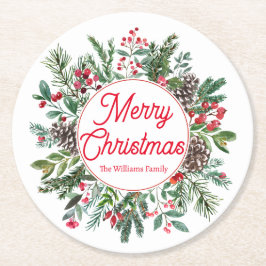 Posavasos Redondo De Papel Elegante Vegetación Invernal Feliz Navidad Letra R