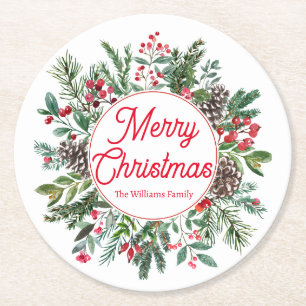 Posavasos Redondo De Papel Elegante Vegetación Invernal Feliz Navidad Letra R