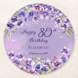 Posavasos Redondo De Papel Elegante Violeta Púrpura Floral Feliz 80 cumpleaño