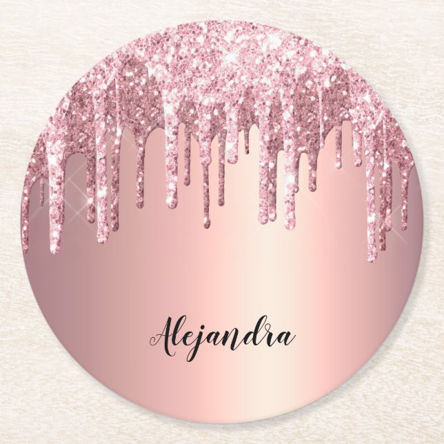 Posavasos Redondo De Papel Elegante y elegante goteo de purpurina de cobre ro (Anverso)