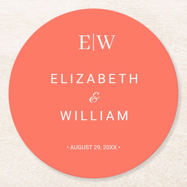Posavasos Redondo De Papel Elegante y simple llanura de neón con Boda monogra (Anverso)