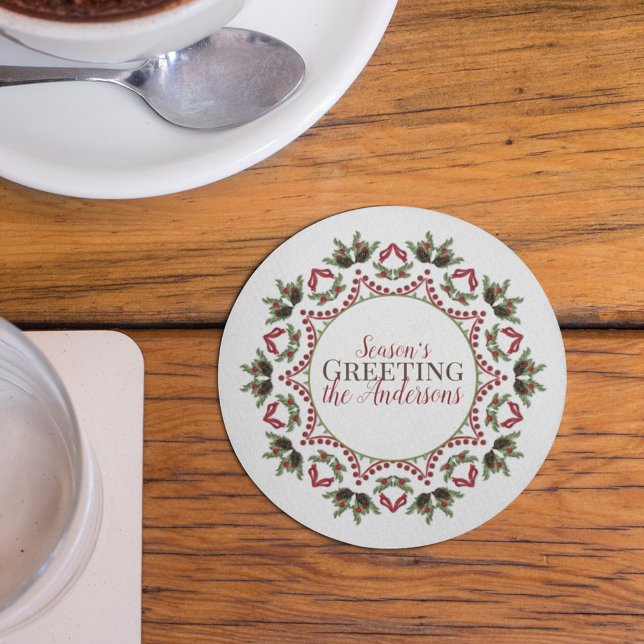 Posavasos Redondo De Papel Elegantes Navidades de vacaciones Mandala Personal (Season's Greetings holiday red and green leaves paper coaster)