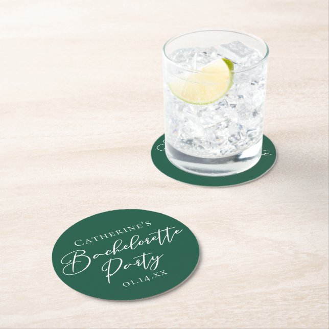 Posavasos Redondo De Papel Emerald Green Bachelorette Party Personalized (In situ)