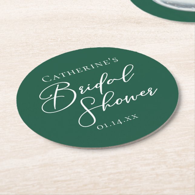 Posavasos Redondo De Papel Emerald Green Bridal Shower Personalized (En perspectiva)