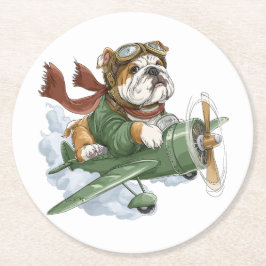 Posavasos Redondo De Papel English Bulldog Pilot Airplane