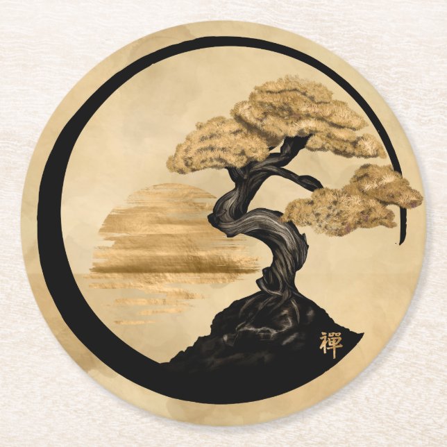 Posavasos Redondo De Papel Enso Zen Circle Bonsai - Golden Sunrise (Anverso)