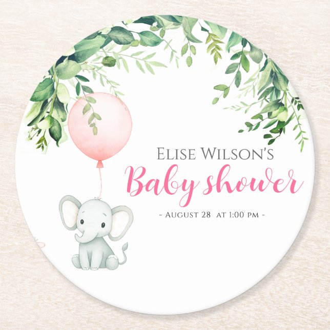 Posavasos Redondo De Papel ¡Es chica! Bebé de elefante lindo con globo (Anverso)