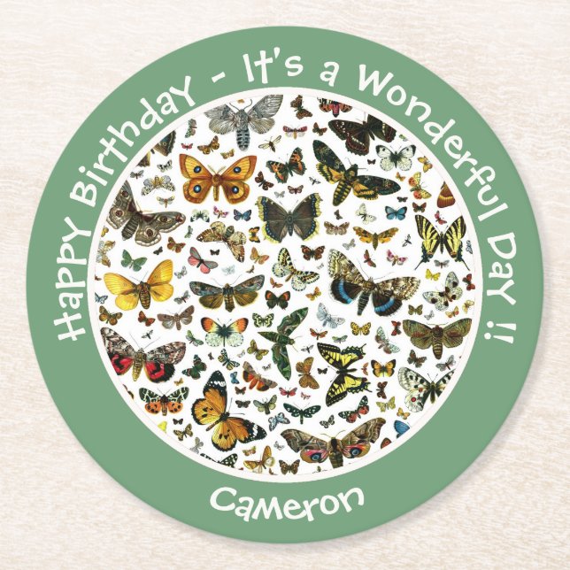 Posavasos Redondo De Papel Es el cumpleaños de la mariposa, artículos para el (Anverso)