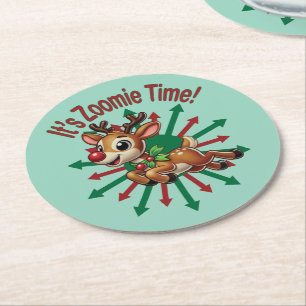 Posavasos Redondo De Papel "¡Es hora de Zoomie! Reno de Navidad