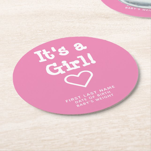 Posavasos Redondo De Papel Es un anuncio de nacimiento rosado Chica personali (En perspectiva)