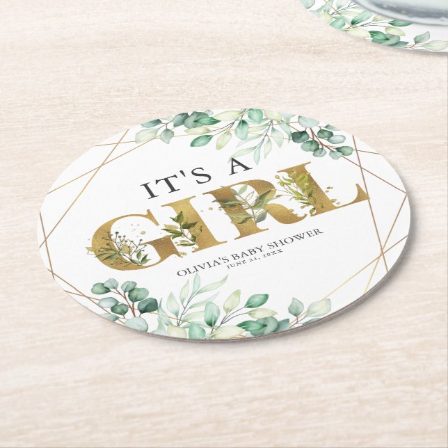 Posavasos Redondo De Papel Es un Chica Greenery Eucalyptus Gold Baby Shower (En perspectiva)