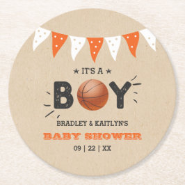 Posavasos Redondo De Papel ¡Es un chico! Baby Shower con temas de baloncesto