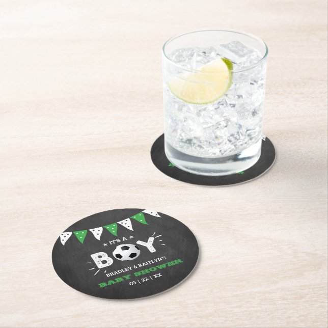 Posavasos Redondo De Papel ¡Es un chico! Baby Shower con temas de fútbol (In situ)