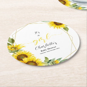 Posavasos Redondo De Papel ¡Es una niña! Regalo de bebé con girasoles en acua