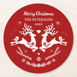 Posavasos Redondo De Papel Escándalo festivo lindo Navidad blanco rojo venado