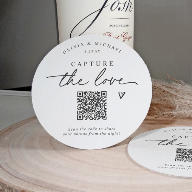 Posavasos Redondo De Papel Escritura a mano de código QR para uso compartido  (Personalized QR code coaster for wedding guests to upload photos to your gallery.)