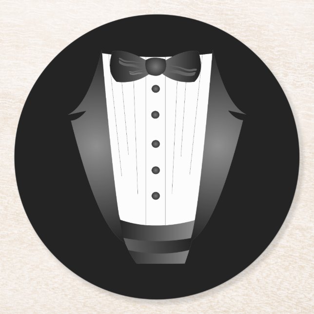 Posavasos Redondo De Papel Esmoquin negro del equipo Groomsman del partido de (Anverso)