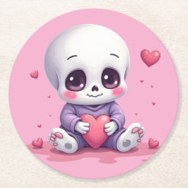Posavasos Redondo De Papel Esqueleto Kawaii sosteniendo un corazón