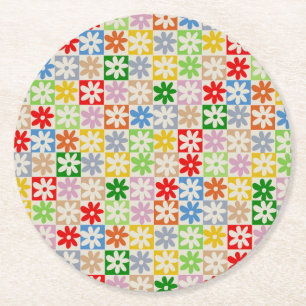 Posavasos Redondo De Papel Estético Patrón de Flor Cuadrada Colorido y Audaz