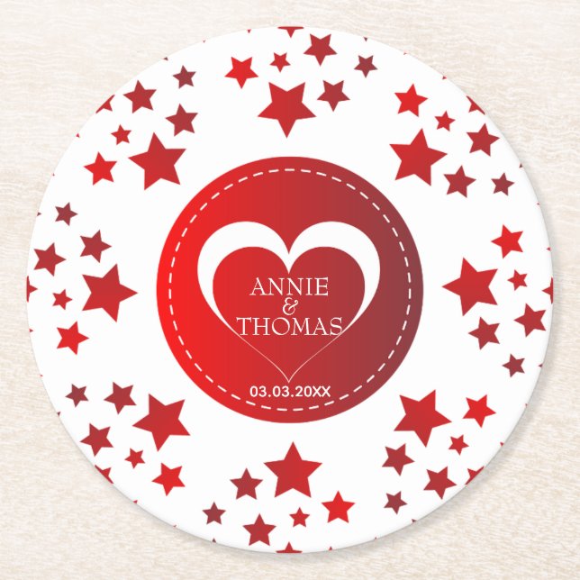 Posavasos Redondo De Papel Estrellas Rojas Modernas Y Corazón (Anverso)