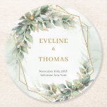 Posavasos Redondo De Papel Eucalipto verde de la acuarela del Boho y boda del<br><div class="desc">Prepárate para añadir un toque de encanto a tu boda con las bóvedas de papel redondo de oro de oro de Boho eucalyptus. Estas galerías infundirán una sensación de capricho en tu celebración, creando un ambiente de ensueño para tus invitados. La elegante combinación de vegetación vibrante y lujosos acentos dorados...</div>