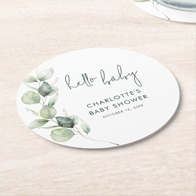Posavasos Redondo De Papel Eucalyptus Botanical Script Baby Shower (En perspectiva)