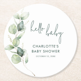 Posavasos Redondo De Papel Eucalyptus Botanical Script Baby Shower