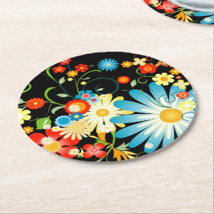 Posavasos Redondo De Papel Explosión floral del color en negro