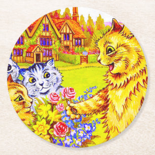 Posavasos Redondo De Papel Familia Cat en el Jardín