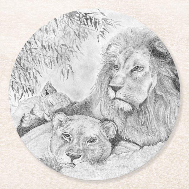 Posavasos Redondo De Papel Familia de leones (Anverso)