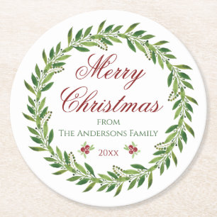 Posavasos Redondo De Papel Familia Wreath de Feliz Navidad