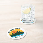 Posavasos Redondo De Papel Family Lake House Cute Customized Sunset<br><div class="desc">Beautiful family lake house coaster featuring the pretty blue waters under the forest of trees and cool orange sunset. Cute camping trip keepsake souvenir for your nature outing or wilderness group.</div>