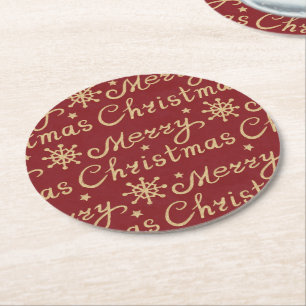 Posavasos Redondo De Papel Faux Gold & Red Merry Christmas Letters