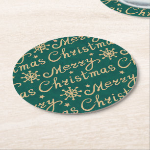 Posavasos Redondo De Papel Faux Gold y Green Merry Christmas Letters