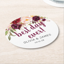 Posavasos Redondo De Papel Favor de boda Día Más Floral Borgoña