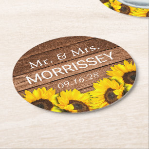 Posavasos Redondo De Papel Favor de boda girasol madera rústica Sr y Sra