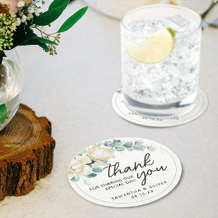 Posavasos Redondo De Papel Favor de boda personalizado Magnolia Eucalipto