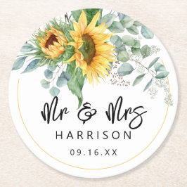 Posavasos Redondo De Papel Favor de boda Sunflower Eucalyptus Sr & Sra