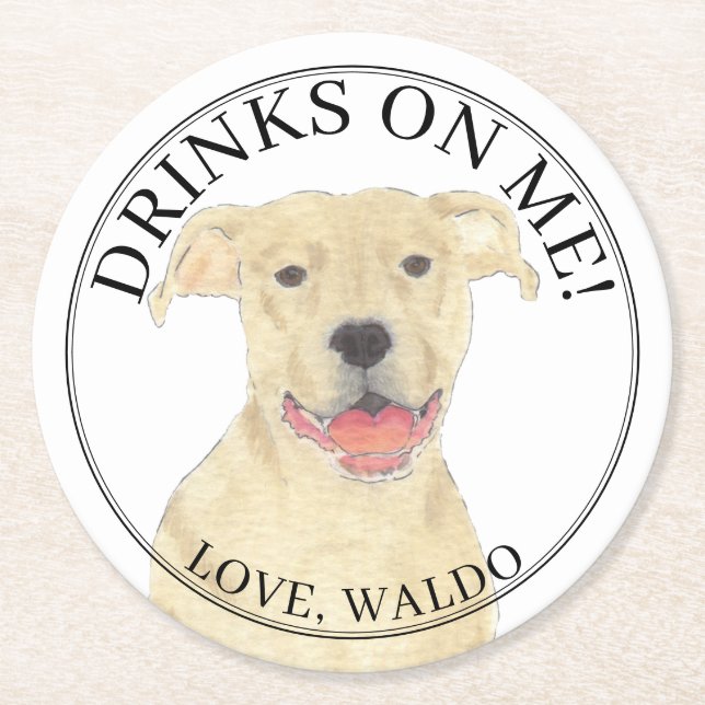 Posavasos Redondo De Papel Fawn Tan Pitbull Staffy Dog Boda (Anverso)