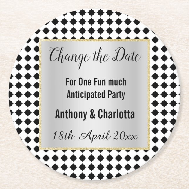 POSAVASOS REDONDO DE PAPEL FECHA DE CAMBIO DE PLATA EN BLANCO NEGRO GEOMÉTRIC (Anverso)