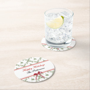 Posavasos Redondo De Papel Felices Fiestas Navidades Mistletoe Red Bow Person