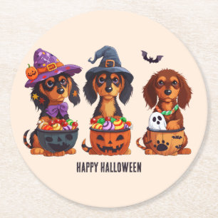 Posavasos Redondo De Papel Felices perros Dachshund de Halloween