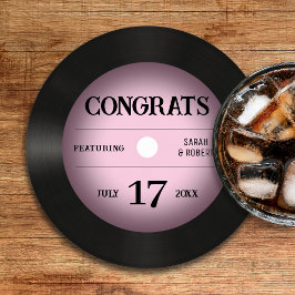 Posavasos Redondo De Papel Felicitaciones al Boda del registro de vinilo rosa