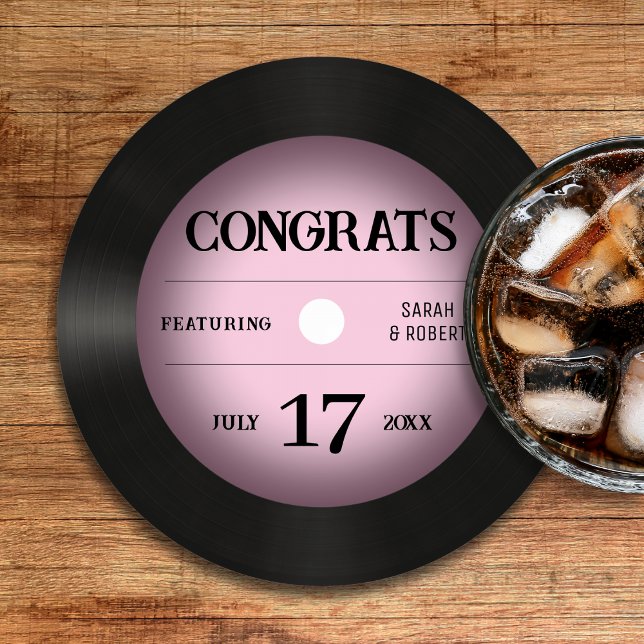 Posavasos Redondo De Papel Felicitaciones al Boda del registro de vinilo rosa (Retro Pink Vinyl Record Wedding Congratulations Round Paper Coaster
)