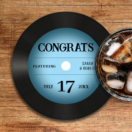 Posavasos Redondo De Papel Felicitaciones al Boda del Rétro Blue Vinyl Record